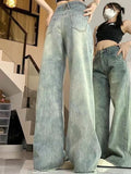 Women Korean Retro High Waist Loose Flare Jeans Lady Designer Baggy Wide Leg Pants Korean Version Raw Edge Denim Blue Trousers