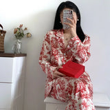 Wjczt Fashion Print Flower 2PCS Pajamas Set Women Sleepwear Spring Summer Trouser Suits Lounge Wear Loose Satin Homewear Pijamas Suit