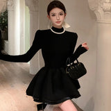 Wjczt Elegant Knitted Short Dresses for Women  Half High Collar Long Sleeve Ruffles A-line Korean Fashion Autumn New Y2K Solid Vestido