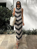 Wjczt Sexy Tight Striped Tassel Knitted Dress For Women Sleeveless 2024 Summer Fashion Beach Party Evening Long Knitwear Dress