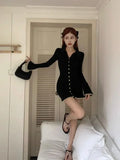 Wjczt Coquette Black Mini Cabaret Dress Women Korean Style Y2k Sweet Ruffles Long Flare Sleeve Tunic Knitted Dresses Autumn