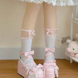 Wjczt Sweet Girls Lolita Cute Rabbit Ears Platform Shoes Cute Bowknot Monk Alice Flat Elevator Shoes Mary Janes