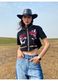 Wjczt  -American Vintage O Neck Tshirts Summer Half Sleeve Women Zipper Tees Y2k High Waist Camisetas Letter Embroidery Crop Tops