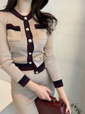 Wjczt New Autumn Women Fashion Designer Skirt Set Long Sleeve Pockets Tops + High Waist Knee Skirt Knitting 2 Two Pieces Suits