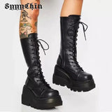 Wjczt Winter Women Boots Mid-calf Wedge High Heel Platform Lace Up Zip Ladies Pumps Female Punk Gothic Motorcycle Black Round Toe Shoe