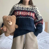 Wjczt Korean Lazy Style Sweater Woman 2025 Outerwears Hit Color Jacquard Pullovers Loose Knitted Ropa Mujer Autumn Winter Clothes