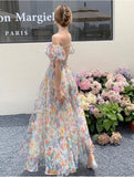 Wjczt Women's French First Love Puff Sleeves Floral Long Dress Summer Dresses Cool and Breathable Bare Shoulder Korean Fashion 2024