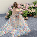 Wjczt Women's French First Love Puff Sleeves Floral Long Dress Summer Dresses Cool and Breathable Bare Shoulder Korean Fashion 2024