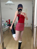 Wjczt Red Suspender Sexy Two Piece Sets Spice Girl Vest Love Letter + Plaid Mini Skirt Suit Korean Fashion Design Casual Sets 2024 New