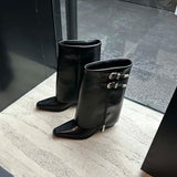 Wjczt Round Toe Women Mid Calf Boots 2024 New Chelsea Boots Fashion Black Cool Mid Heeled Flats Belt Buckle Winter Boots Woman Size 39