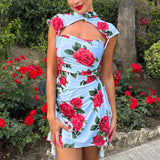 Wjczt Summer Floral Print Short Sleeve Sexy Mini Bodycon Dresses For Women Evening Party Club Elegant Blue Dress Vestidos