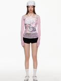 Wjczt Pink Y2k Harajuku T Shirts Women Japanese Style Kawaii Sweet Cartoon Print Long Sleeve Slim Tees Tops Soft Girl 2000s