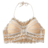 Wjczt Women Bohemian Crochet Knit Colorblock Halter Bras Vacation Padded Bustier Top