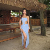 Wjczt Sexy Strapless Cut Out Mesh See Through Maxi Dress Women Backless Off Shoulder Slit Sundress 2024 Summer Beach Cover Up