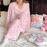 Korean Lace Pajamas Women Spring Sleepwear Lace Plaid Pyjamas Cute Cartoon Long Sleeve Nightdress Loose Comfortable Home Wear