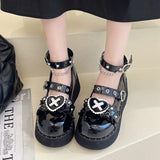 Wjczt Punk Metal Chain Platform Lolita Shoes Women Patent Leather Mary Jane Shoes Woman Japanese Style Flat Heels Ankle Straps Shoes