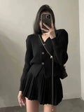 Wjczt Casual Knitted 2 Piece Set Single Breasted V-neck Top + High Waist Mini Pleated Skirt Autumn Spring Korean Fashion Solid Outfits