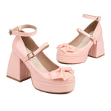 Wjczt Japanese Lolita Shoes Chunky High Heel Thick Platform Queen Mary Jane Pumps with Sweet Bow Buckle Strap Pink Black White