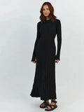 Women Casual O-neck Knitted Long Dress Autumn Elegant Ribbed Long Sleeve Bodycon Dresses Ladies Pleated A-line Maxi Dress Robes