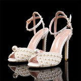 Wjczt Women Sandals Fashion High Quality Wedding Shoes Women New Pearls Studs Luxury Peep Toe High Heels Buckle Woman Sandal 43