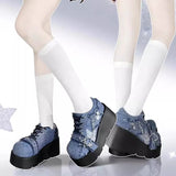 Wjczt Y2K Star Print Chunky Platform Ankle Boots Women New Metal Chain Blue Denim Boots Woman Cute Thick Bottom Jk Lolita Shoes