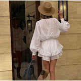 Wjczt Long Sleeved Shirt Shorts Sets Women Summer Stand Collar Single Breasted White Blouse Suits Casual Vacation 2 Pieces Set Outfit