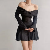 Wjczt Autumn Strapless Sexy Black A-LINE Dress Women Off Shoulder Long Sleeves Streetwear Knitting Mini Dresses Elegant Club Partywear