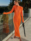 Wjczt Elegant Bodycon Dress for Women 2024 Solid O Neck Flare Sleeves Long Summer Dresses Holiday Vestidos Black Red Orange