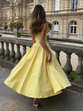 Wjczt Women Elegant Yellow Pleated Evening Gowns Sleeveless Deep V Neck Off Shoulder Backless Long Dresses 2024 Lady Sexy Party Robes