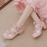 Wjczt Women High Heels Mary Jane Pumps Cross Strap Wedding Tea Party White Pink Black Ruffles Bow Maid Princess Cosplay Lolita Shoes