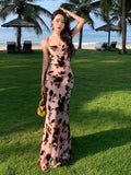 Wjczt Romantic Pink Flower Print Slip Sleeveless Backless Slim Sexy Club Maxi Dress 2023 Summer Women Elegant Party Sumdress Robe Boho