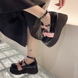 Wjczt Ankle Straps White Lolita Shoes Woman Autumn Bowtie Patent Leather Mary Jane Shoes Woman Thick Bottom Wedges Pumps Loafers