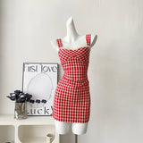 Wjczt Spicy Girl Sexy Lace Edge New Product Strawberry Cute Party High Street Sweet Plaid Red Plaid Y2K Sling Mini Dress