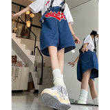 Wjczt Women Streetwear Kawaii Denim Shorts Overalls Lady Fashion Embroidery Oversize Wide Leg Jeans Female Y2k Clothes Deep Blue Pants