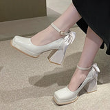 Wjczt 2024 Spring Casual Party Mujer Zapatos Versatile Solid Color Patent Leather Mary Jane Shoes Fashion Bow Brand Design High Heels