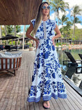 Wjczt 2025 New Blue Floral Print White Dresses Women Lace Hollow Out Long Dress Holiady Summer Bodycon Robe Elegant Ruffles Vestidos