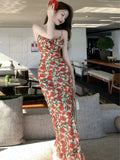 Wjczt Summer New Rose Floral Printed Midi Dress French Style Women's Spaghetti Strap Slim Waist Backless Vestidos Elegant Party Robe