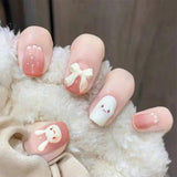 Wjczt 24pcs French Point Diamond Fake Nails Wearing Artificial Square Head Press On Acrylic Nail Art Pearl Patch Almond False Nails