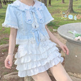 Wjczt Japanese Style Kawaii Lolita Mini Skirt Women Gothic High Waist Ruffle Tiered Skirts Sweet Girly Summer Harajuku Y2k Short Skirt