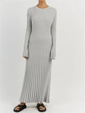 Women Casual O-neck Knitted Long Dress Autumn Elegant Ribbed Long Sleeve Bodycon Dresses Ladies Pleated A-line Maxi Dress Robes