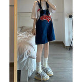 Wjczt Women Streetwear Kawaii Denim Shorts Overalls Lady Fashion Embroidery Oversize Wide Leg Jeans Female Y2k Clothes Deep Blue Pants