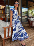 Wjczt 2025 New Blue Floral Print White Dresses Women Lace Hollow Out Long Dress Holiady Summer Bodycon Robe Elegant Ruffles Vestidos