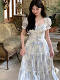 Wjczt French Vintage Chiffon Floral Midi Dresses for Women Ruffles A-line Birthday Party Dress Elegant Prom Robe Summer New Vestidos