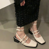 Wjczt Spring Faux Patent Finish High-heel Shoes With Straps Slingback Fashion Pumps For Women Mary Jane Lovey Square Toe Block