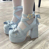 Wjczt New Women Mary Janes High Heels Shoes Chunky Sandals Summer Fashion Retro Bow Lolita Shoes Party Platform Pumps