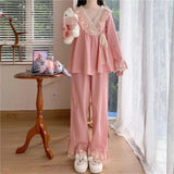 Wjczt New V-neck Tied Pajama Set for Women Spring Autumn Tops Long Sleeved Pants Lace Lace Pajamas