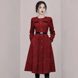 Wjczt New Designer Autumn Small Fragrance European Women Dress Luxurious Beads Belt O Neck Long Sleeve Tweed Slim Midi Dress