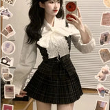 Wjczt Autumn Korean Retro Sweet 3 Piece Set Women White Shirt + Strap Vest + Pleated Skirt Design College Style Fashion Y2k Suit 2024