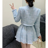 Wjczt High Quality Tassel Design 2-Piece Sets Women Tweed Autumn New Solid Outfits Long Sleeve Short Jacket Coat + Pleated Skirt Suits