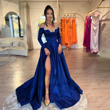 Wjczt Gorgeous Royal Blue Women's Evening Dresses A-Line Satin Sexy Side Split Princess Prom Gowns Fashion Celebrity Party Vestidos De